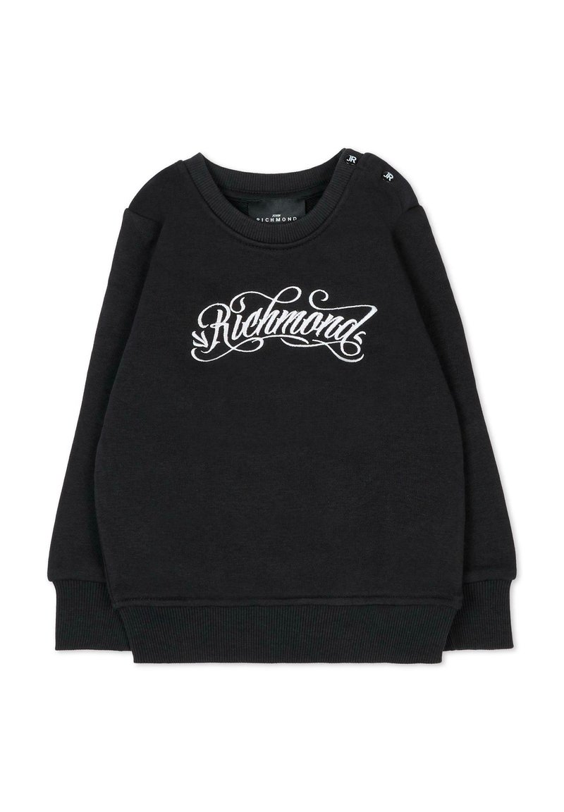 Zwarte sweatshirt met een ronde halslijn, voorzien van geborduurde witte tekst "Richmond". Inclusief schouderknopen en geribde manchetten.