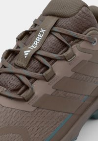 Close-up van een bruine Terrex trail-schoen met mesh bovenwerk, versterkte veterogen en bijpassende veters met subtiele blauwe accenten.