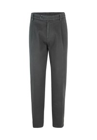 Pantaloni grigi in misto cotone, con design a gamba dritta, vita con chiusura a bottone e silhouette pulita senza tasche.