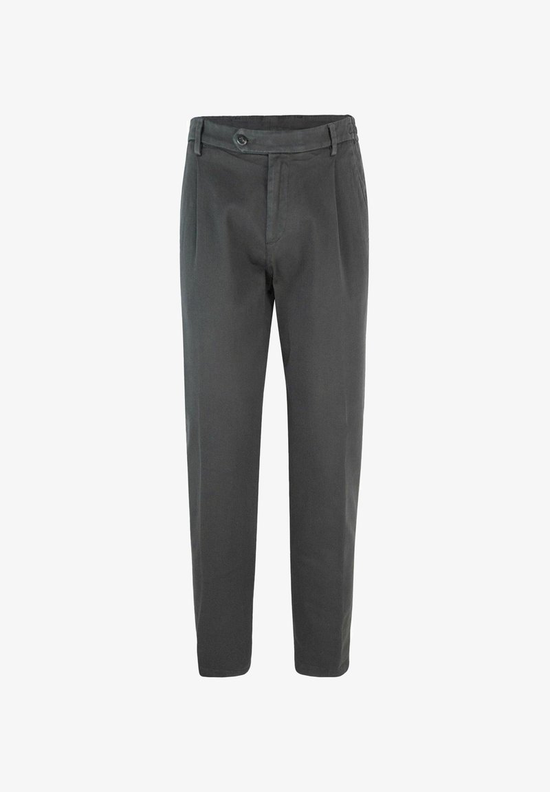 Pantaloni grigi in misto cotone, con design a gamba dritta, vita con chiusura a bottone e silhouette pulita senza tasche.