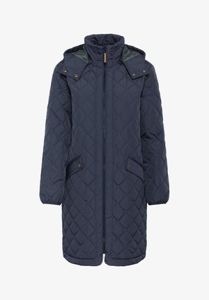 Long navy blue quilted coat with front zipper, snap-button pockets, elastic cuffs, and a hood with snap-button details.