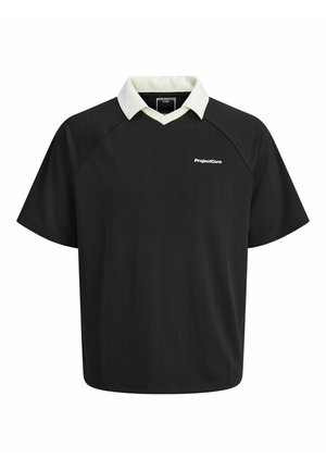 Schwarz kurzärmliges Polohemd mit einem weißen Kragen, ausgestattet mit vertikalen Nadelstreifen und dem "ProjectCore"-Logo auf der Brust.