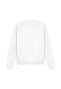 White cotton crewneck sweatshirt with ribbed cuffs and hem. Smooth texture, simple design, and no visible logos or patterns on the back.