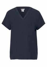 Blusa a maniche corte di colore blu navy, con scollatura a V e una superficie liscia. Dettagli di cucitura discreti lungo la scollatura.