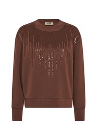 Hnedá mikina s okrúhlym výstrihom, ozdobená vertikálnymi flitrami v hornej časti. Zmes bavlny, rebrované manžety a lemy.