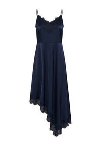 Robe nuisette en satin bleu marine avec bordure en dentelle, ourlet asymétrique et fines bretelles réglables.
