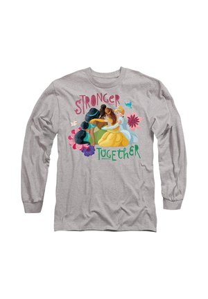 Gray long-sleeve shirt featuring an illustration of princesses embracing, with the text "Stronger Together" in colorful, playful fonts.
