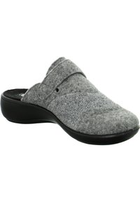Gray felt slip-on shoe with a textured design and black rubber sole. Features a wide strap across the top for secure fit.