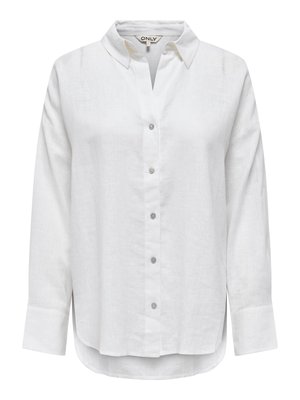 Chemise blanche à manches longues avec col, ourlet incurvé et poignets, en tissu léger texturé.