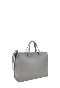 Graue Leder-Tote-Tasche mit doppelten Griffen, rechteckiger Form, strukturierten Oberflächen und einem dezenten Logo an der unteren Vorderseite. Verstellbarer Schultergurt inklusive.