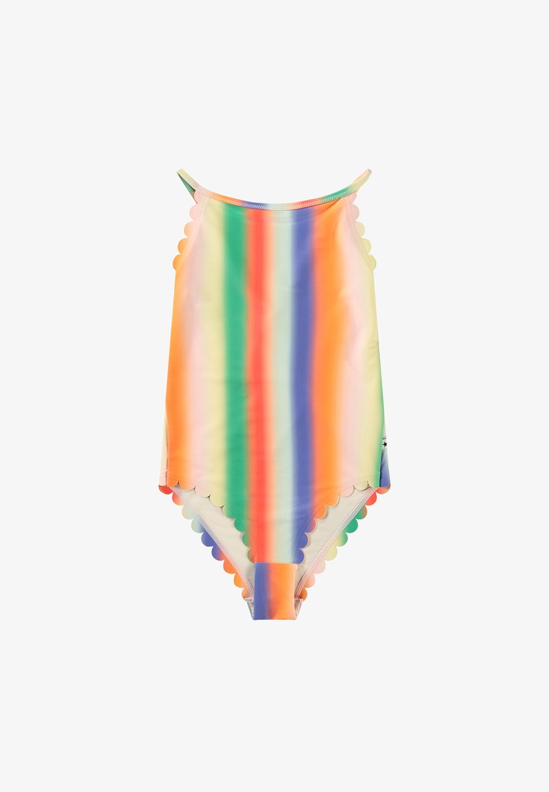 Fargerik stripete heldrakt med bølgete kanter. Har livlige nyanser av rosa, grønn, oransje og blått i en glatt, elastisk stoff.
