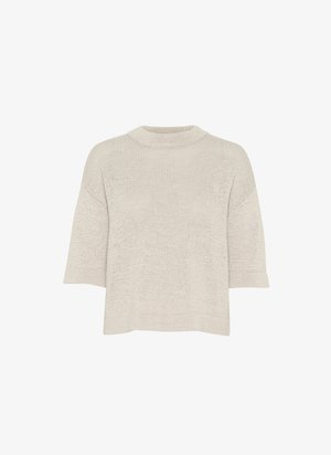 Pull en maille gris clair avec un col montant, des manches courtes et une coupe décontractée. Motif texturé sur l'ensemble. Matériau doux et respirant.