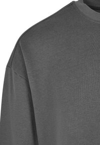 Sweat-shirt gris foncé à manches longues avec col rond, coutures visibles aux épaules et texture douce en coton.