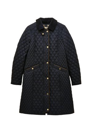 Gepolsterter marineblauer Mantel mit hohem Kragen, goldenen Beschlägen und zwei Fronttaschen mit kontrastierendem Besatz. Verfügt über ein knöpfbares Frontdesign.