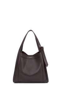 Borsa a tote in pelle marrone scuro con una texture liscia, apertura ampia e una tracolla unica con un dettaglio annodato sul lato.