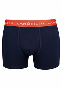 Ciemnoniebieskie slipki z bawełny z elastycznym czerwonym pasem w talii, na którym widnieje nazwa marki "LANÇERTO" w białym napisie.