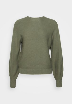 Olivgrüner Strickpullover mit langen Ballonärmeln, Rundhalsausschnitt sowie gerippten Bündchen und Saum, auf einfachem Hintergrund gezeigt.