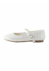 White glitter ballet flat with rounded toe, adjustable strap, and decorative buckle detail. Smooth texture with shiny accents.