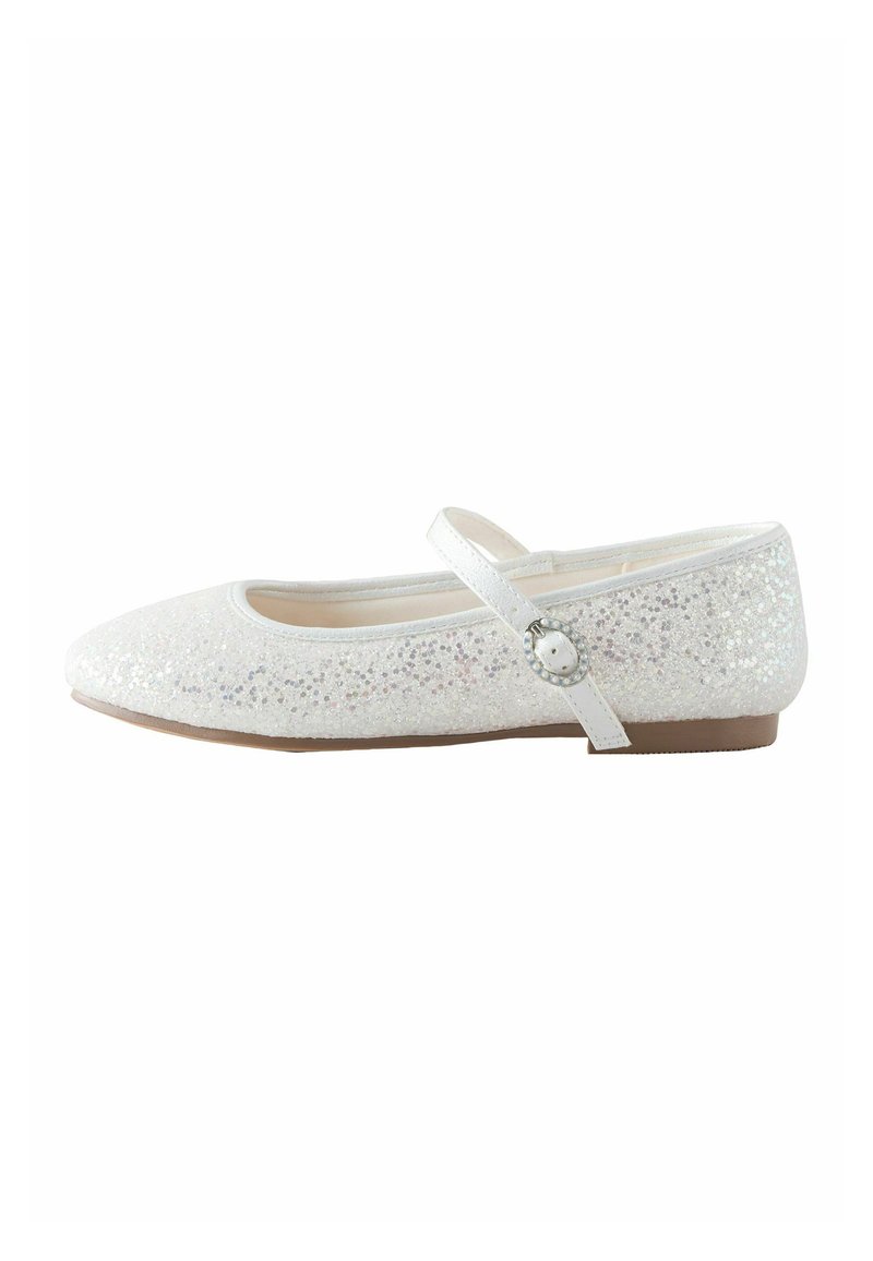White glitter ballet flat with rounded toe, adjustable strap, and decorative buckle detail. Smooth texture with shiny accents.