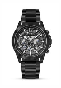 Črni kronograf ura z metalno povezavo paščka, teksturiranim črnim in srebrnim številčnico z osvetljenimi oznakami in podrobno podštevilčnico.