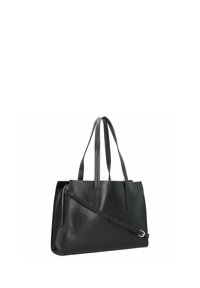 Zwarte leren tote bag met twee schouderbanden en een afneembare schouderriem. Glad textuur, rechthoekige vorm en een ritssluiting zijvak.