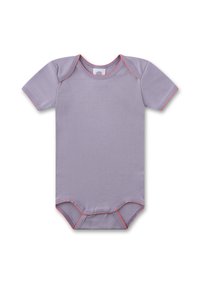 Lilafarbenes Kurzarm-Bodysuit mit kontrastierendem pinkem Stich, rundem Ausschnitt und Druckknopfverschluss am unteren Ende. Hergestellt aus weichem, dehnbarem Stoff.