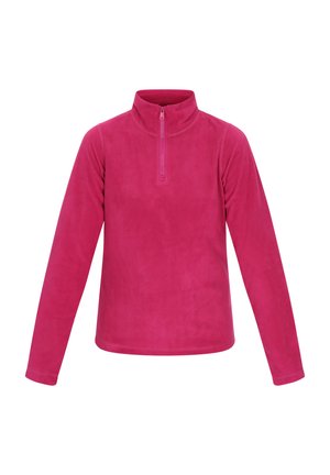 Fleece pullover vaaleanpunaisena, jossa on puolivetoketju kaulus, pitkät hihat ja sileä pinta. Ihanteellinen kerrospukeutumiseen viileässä säässä.