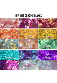 Eine Sammlung multicolourierter Chromflocken, angeordnet in Rastern, die irisierende Texturen mit lebendigen Farbtönen wie Pink, Orange, Blau und Lila aufweisen.