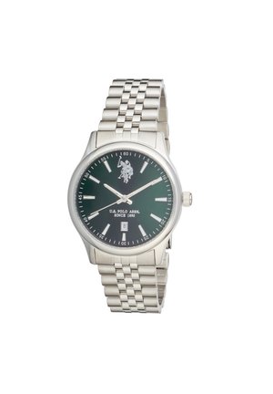 Orologio da polso in metallo argentato con quadrante nero, indici e lancette argento, logo U.S. Polo Assn. e datario alle ore 6.