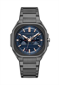 Orologio Cerruti 1881 con cassa quadrata in acciaio inossidabile grigio scuro. Presenta un quadrante blu con motivi orizzontali, dettagli in oro rosa e un bracciale metallico.