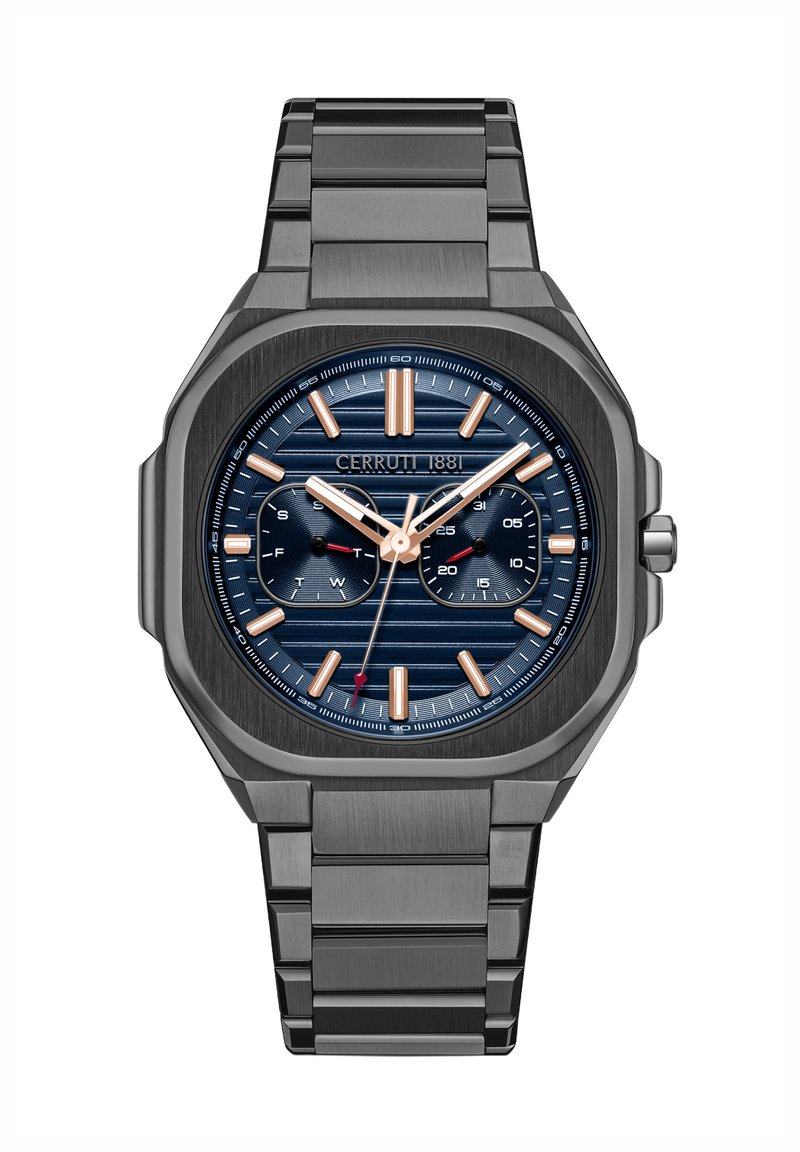 Orologio Cerruti 1881 con cassa quadrata in acciaio inossidabile grigio scuro. Presenta un quadrante blu con motivi orizzontali, dettagli in oro rosa e un bracciale metallico.