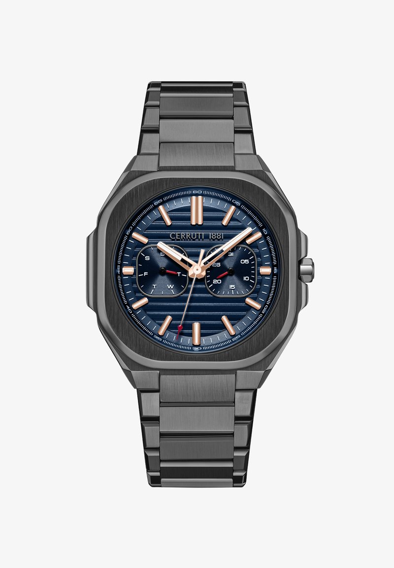 Cerruti 1881 laikrodis su kvadratine, tamsiai pilkos spalvos nerūdijančio plieno korpusu. Ypatybės: mėlynas ciferblatas su horizontaliomis juostelėmis, rausvo aukso akcentai ir metalinė apyrankė.