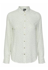 White shirt with long sleeves, button front, and collar; features a fine vertical stripe pattern with small green dots.