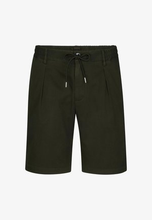 Dark green shorts made of lightweight fabric, featuring an elastic waistband with a drawstring and side pockets. Straight leg design.