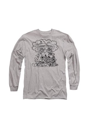 Graues Langarmshirt mit schwarzer Linienzeichnung von Charakteren unter einem Baum, darüber steht der Text "Sesamstraße". Aus weichem Baumwollmaterial.