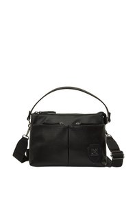 Borsa a tracolla nera realizzata in materiale testurizzato con una tracolla regolabile. Presenta due tasche frontali con zip e una patta con logo sul lato.