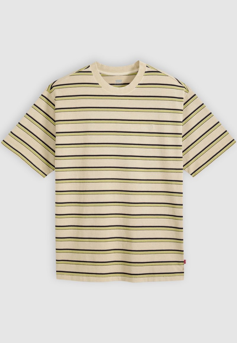 Beige short-sleeve T-shirt with horizontal black and olive green stripes, crew neck, and small red brand tag on the lower side.
