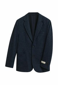 Marineblaues Blazer aus strukturiertem Stoff, mit zwei Knöpfen, einer Brusttasche, zwei Fronttaschen und einem Etikett am Ärmel.
