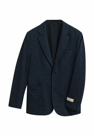 Marineblaues Blazer aus strukturiertem Stoff, mit zwei Knöpfen, einer Brusttasche, zwei Fronttaschen und einem Etikett am Ärmel.