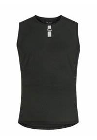Čierny bezrukávový športový dres s textúrovaným sieťovinovým vzorom, okrúhlym výstrihom a kontrastnými bielymi pruhmi s logom na hrudi.