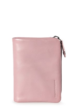Pink leather wallet with a smooth texture, featuring a zip closure on the side. Embossed logo on the front. Rectangular shape.