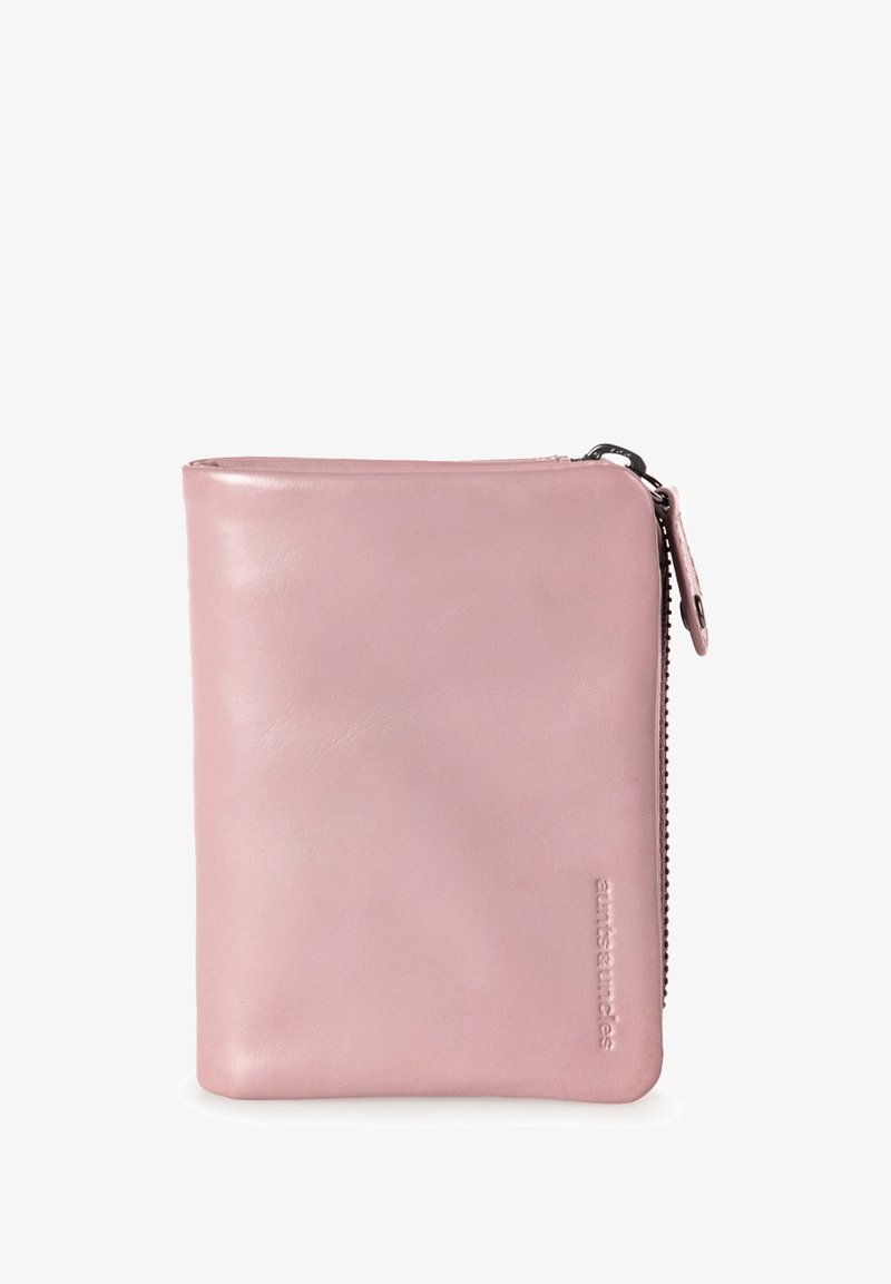 Roze leren portemonnee met een gladde textuur, met een ritssluiting aan de zijkant. Geïmpregneerd logo aan de voorkant. Rechthoekige vorm.