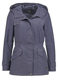 Tmavě modrá mikina s kapucí na zip vpředu, nastavitelným pasem, zipovými bočními kapsami s klopami a manžetami na knoflíky.