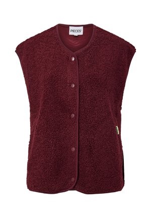 Bordeaux fleece bodywarmer met een gestructureerd oppervlak, ronde halslijn en drukknoopsluiting, voorzien van een contrasterende rand en zijopeningen.