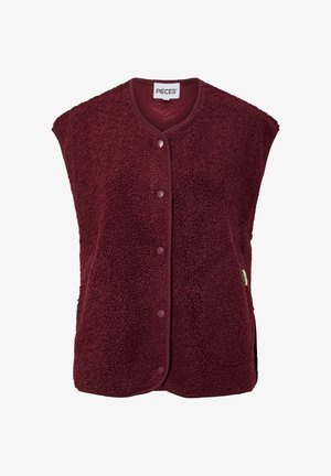 Bordeaux fleece bodywarmer met een gestructureerd oppervlak, ronde halslijn en drukknoopsluiting, voorzien van een contrasterende rand en zijopeningen.