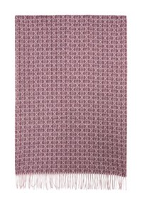 Coperta tessuta in rosa tenue e prugna, caratterizzata da un intricato motivo geometrico con bordi frangiati. Texture morbida e forma rettangolare.