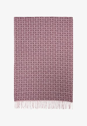 Coperta tessuta in rosa tenue e prugna, caratterizzata da un intricato motivo geometrico con bordi frangiati. Texture morbida e forma rettangolare.