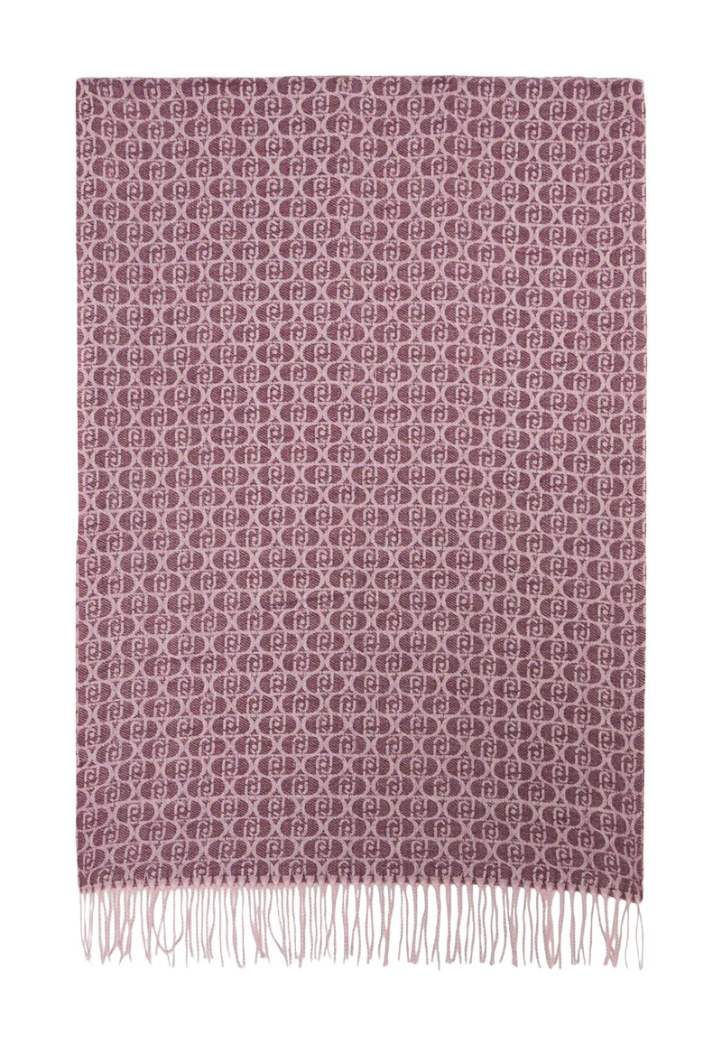 Coperta tessuta in rosa tenue e prugna, caratterizzata da un intricato motivo geometrico con bordi frangiati. Texture morbida e forma rettangolare.