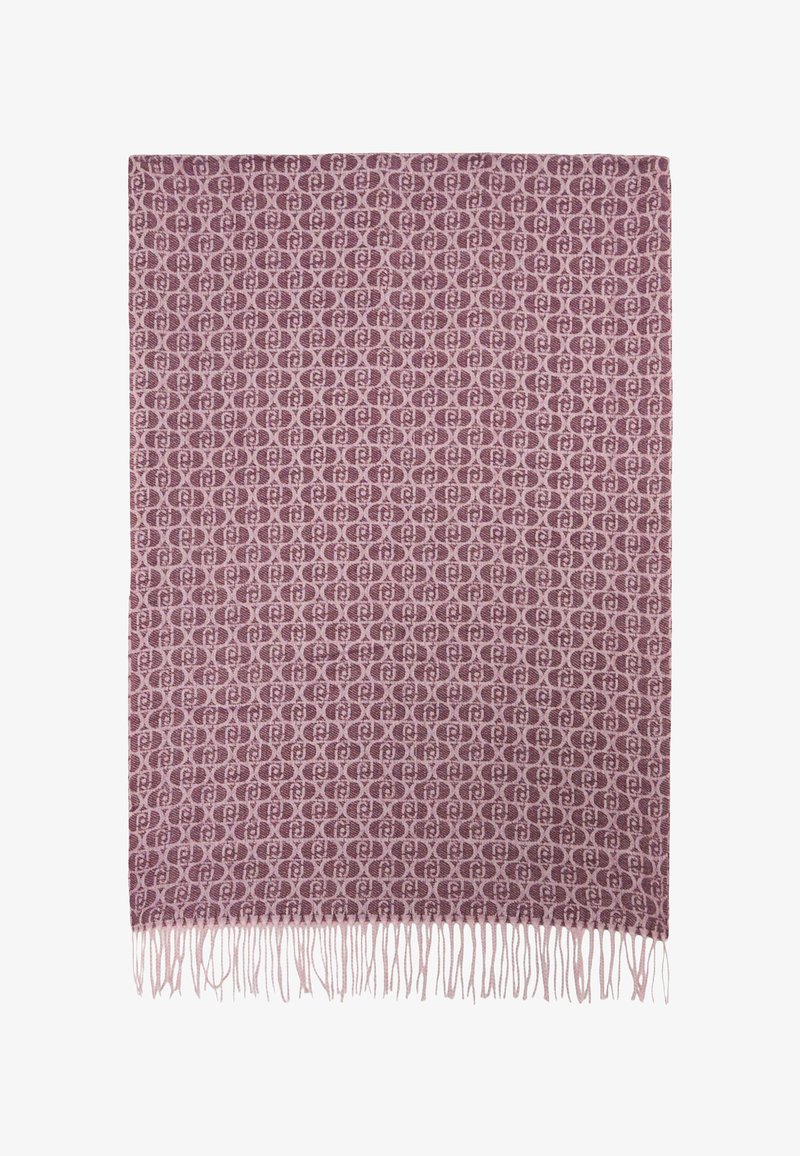 Coperta tessuta in rosa tenue e prugna, caratterizzata da un intricato motivo geometrico con bordi frangiati. Texture morbida e forma rettangolare.
