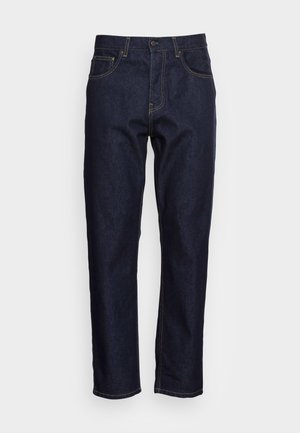 Dark blue denim jeans with a straight cut, five pockets, and contrasting yellow stitching. Designed with a classic button and zipper closure.